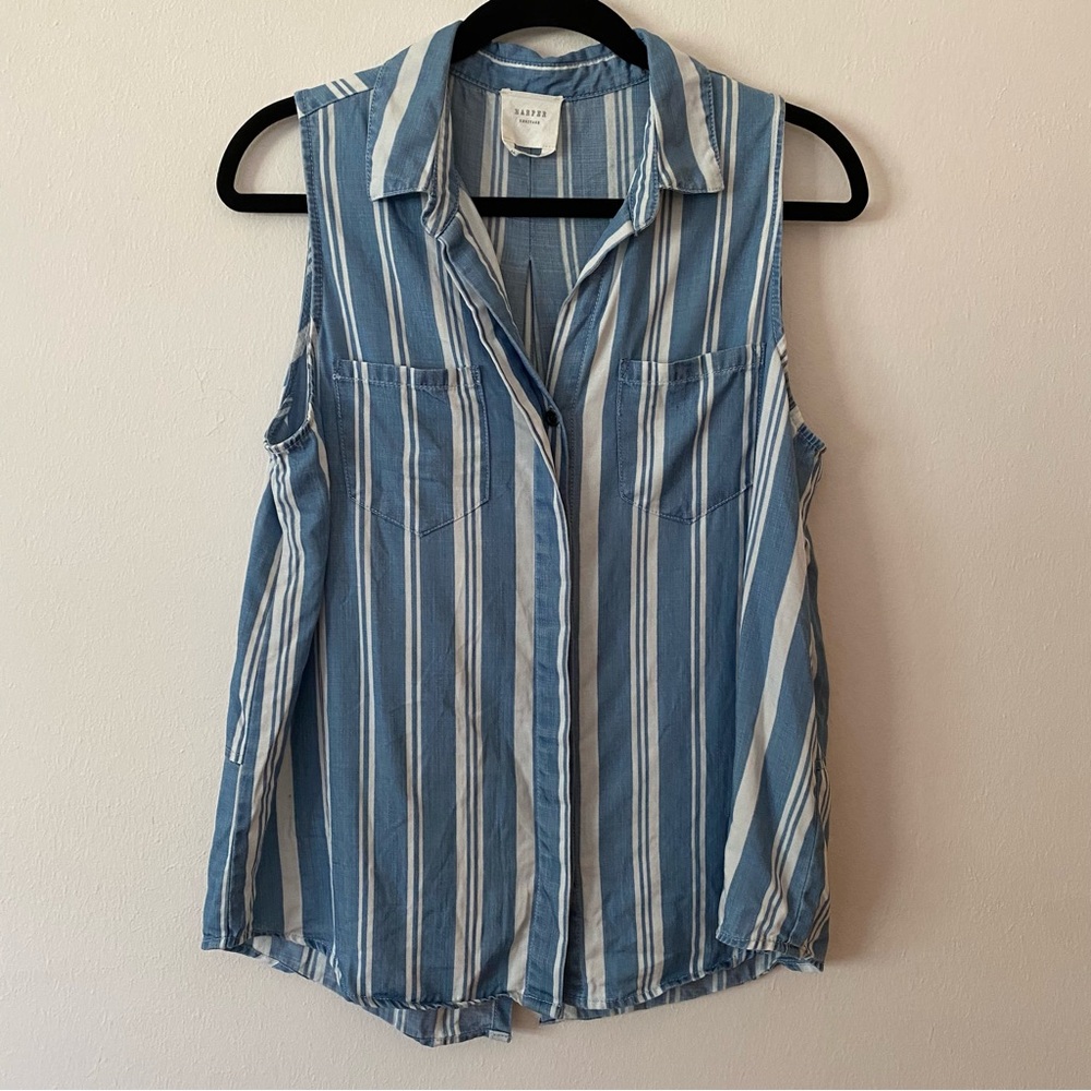 Francesca’s Harper Heritage Button Up Striped Chambray Open Neck Collar Tank Top